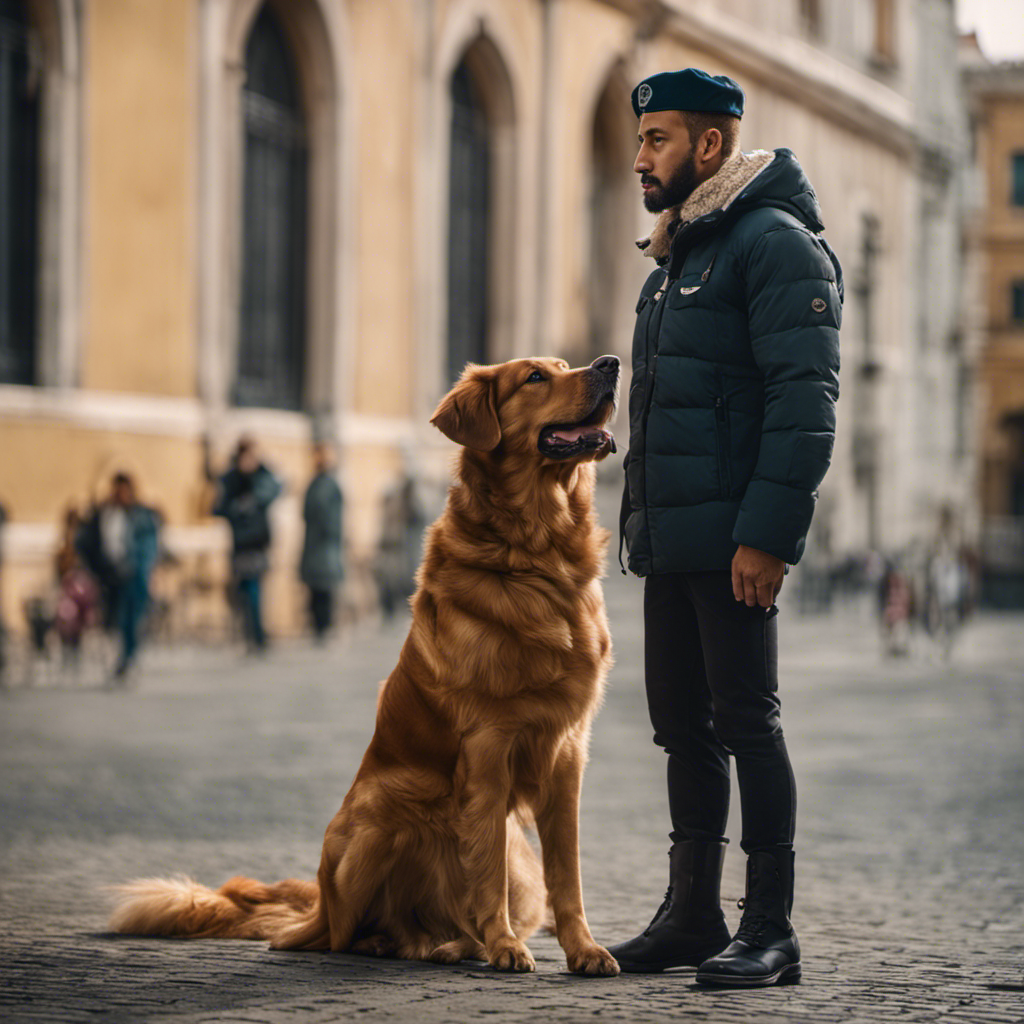 An image capturing a dog owner standing tall, confidently giving an Italian command to their loyal pup