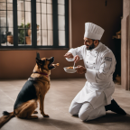 An image showcasing an Italian chef happily teaching a dog to sit using positive reinforcement