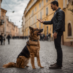 An image showcasing an owner giving clear hand signals to a multilingual dog, demonstrating Italian commands