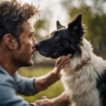 An image of an Italian shepherd dog, poised attentively with one ear perked up, while its owner extends a hand with fingers splayed out towards the dog's head, demonstrating the command "Ascolta" in action