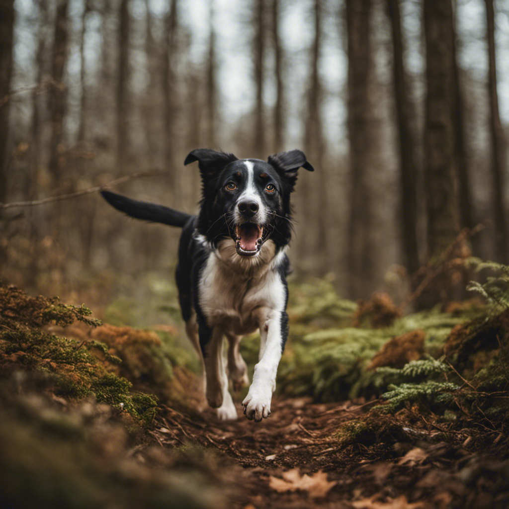 An image capturing the essence of Italian dog commands: a skilled hunting dog, nose to the ground, chasing scents through a dense forest