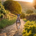An image of a joyful Italian Greyhound, striding confidently on a cobblestone path, tail wagging in sync with its rhythmic steps