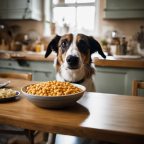 An image that showcases an Italian dog eagerly sniffing around a kitchen table, his nose in the air, searching for delectable treats