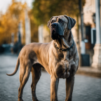 An image of a fearless Italian Mastiff standing tall, muscles rippling, with a vigilant expression