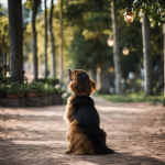 Create an image of a dog, sitting obediently with its head turned towards a person, as they extend their arm and point in a specific direction