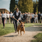 An image capturing a moment of obedience training with an Italian dog command: "Indietro" (Back)