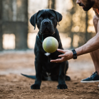 An image showcasing an Italian dog training session: a well-groomed Cane Corso pup eagerly holds a ball in its mouth while its owner, with a commanding gesture, signals "Lascia" - the dog drops the ball, eyes fixed on the owner