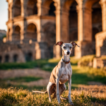 An image capturing the essence of Italian dog commands: A proud Italian Greyhound confidently barking, mouth wide open, ears perked up, tail raised high, as the sun sets behind a picturesque Roman Colosseum