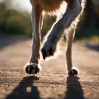 An image that showcases a dog's paw stepping forward, highlighting the details of the paw pad, fur, and nails