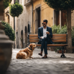 An image capturing a serene Italian scene: a dog owner sitting on a bench, sipping espresso, while their obedient pup, tail wagging, rests beside them with a content expression, embodying the command "Pausa" perfectly
