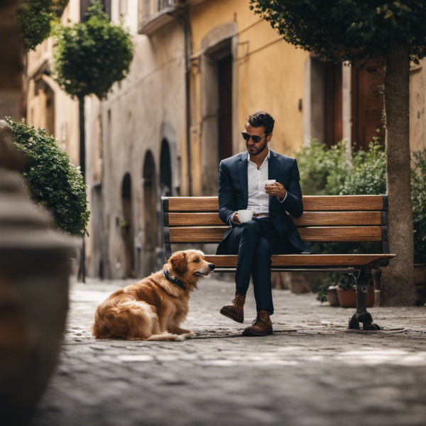 An image capturing a serene Italian scene: a dog owner sitting on a bench, sipping espresso, while their obedient pup, tail wagging, rests beside them with a content expression, embodying the command 