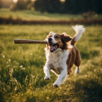 An image showcasing a joyful Italian dog grasping a wooden stick in its mouth, eagerly running towards its owner