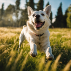 An image of a lively Italian dog effortlessly rolling over on a vibrant sunlit grassy field, capturing the owner's delighted expression, hand gesturing the command "Rotola"