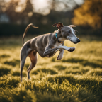 An image of a playful Italian Greyhound effortlessly leaping high into the air, with its hind legs extended and front paws reaching towards the sky