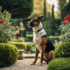 An image of a serene Italian garden, where a well-trained dog sits attentively beside its owner