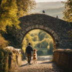 An image capturing a scenic Italian countryside with a Romanesque stone arch bridge