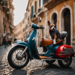 the essence of adventure with an image of a well-behaved Italian-trained dog sitting regally in a vintage Vespa sidecar, sporting a stylish bandana as their owner explores the picturesque streets of Rome