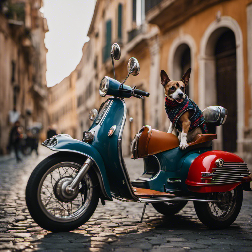  the essence of adventure with an image of a well-behaved Italian-trained dog sitting regally in a vintage Vespa sidecar, sporting a stylish bandana as their owner explores the picturesque streets of Rome