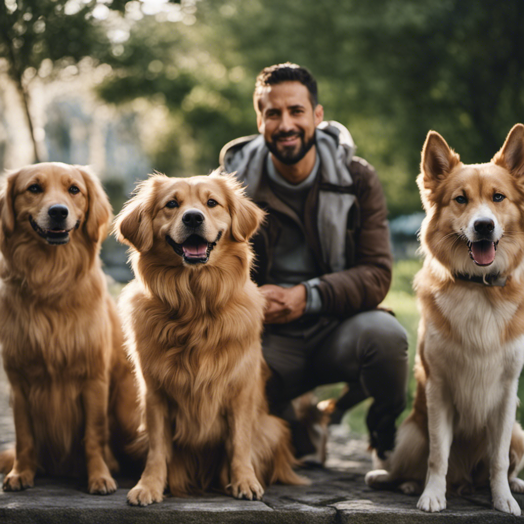 An image capturing a proud dog owner, surrounded by well-behaved canines, all responding to Italian commands