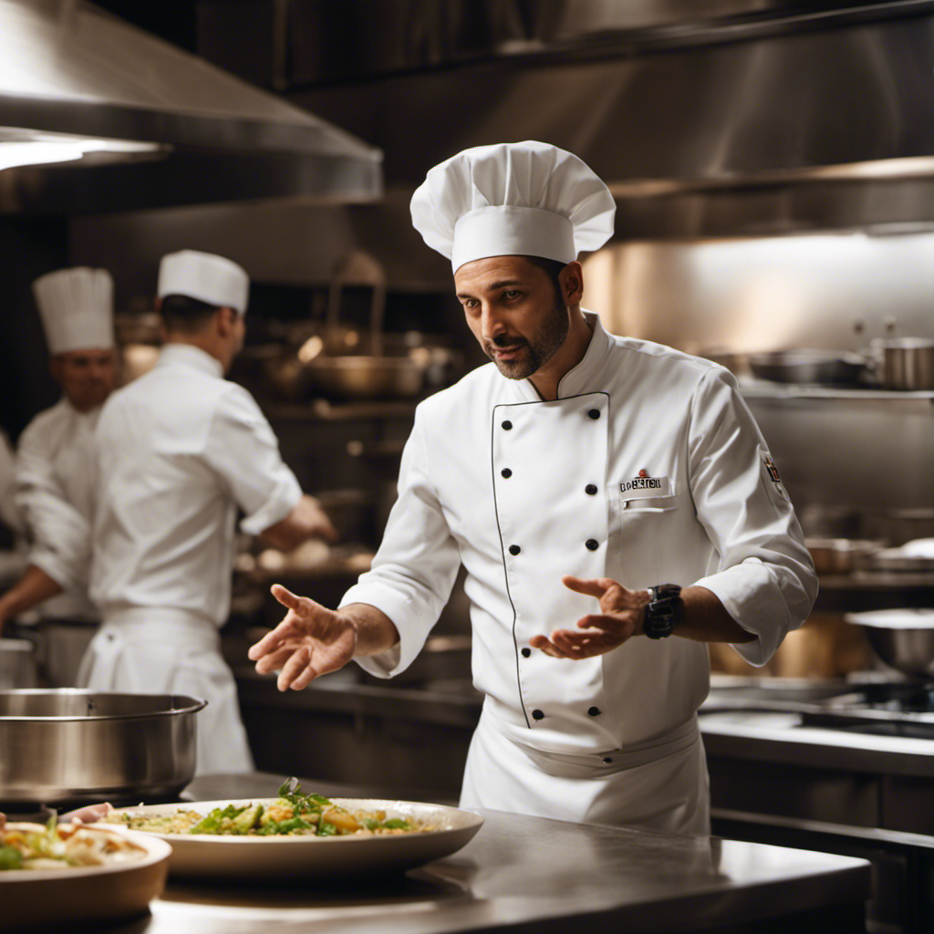 An image showcasing a chef in a bustling Italian kitchen, gracefully gesturing with precise timing while instructing a team