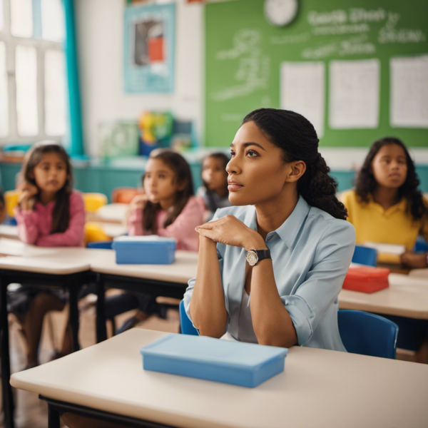 An image showcasing a teacher sitting calmly and attentively in a colorful classroom, surrounded by engaged students eagerly imitating Italian gestures and commands