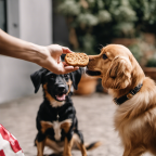 An image showcasing a hand holding a delectable, savory Italian biscotto treat, being presented to an attentive dog sitting obediently