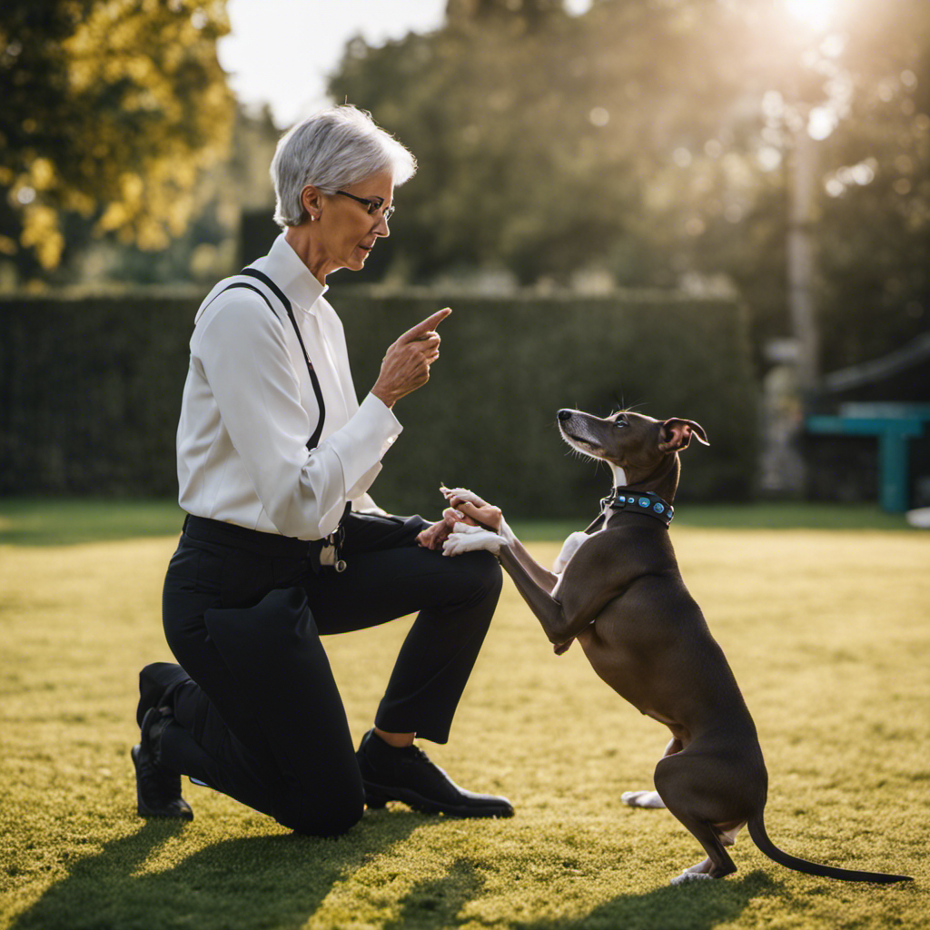 An image showcasing a dog trainer using hand signals to communicate with a well-behaved Italian Greyhound, demonstrating the scientific principles behind effective dog training with Italian commands